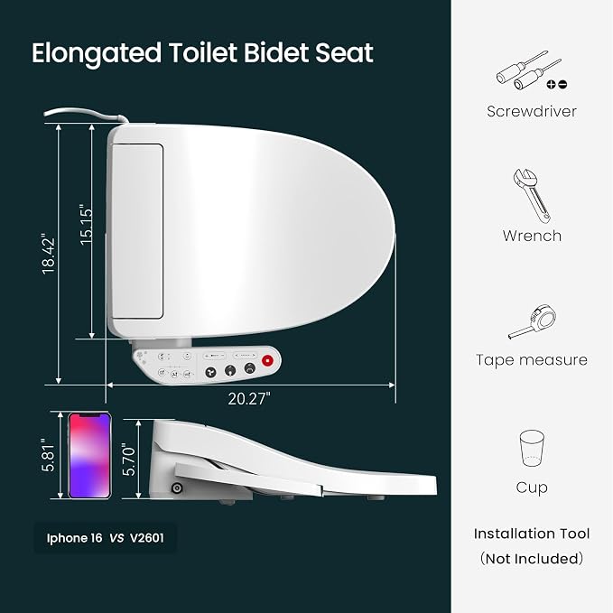 R&T V2601 Electric Bidet Seat, Elongated Smart Toilet Seat with Warm Water, Adjustable Heated Seat, Air Dryer, Night Light, Bidet Attachment for Toilet