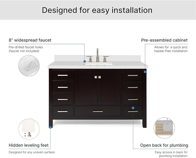 ARIEL Cambridge 54-inch Bathroom Vanity with Sink,Solid Wood, 1.5-inch Pure White Quartz Countertop, Single Rectangular Porcelain Sink, 2 Soft Closing Doors, 9 Dovetail Drawers, Espresso