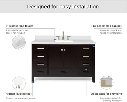 ARIEL Cambridge 54-inch Bathroom Vanity with Sink,Solid Wood, 1.5-inch Pure White Quartz Countertop, Single Rectangular Porcelain Sink, 2 Soft Closing Doors, 9 Dovetail Drawers, Espresso