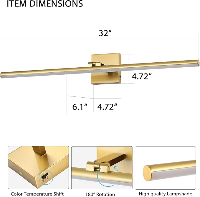 LED Bathroom Vanity Light, Modern Bathroom Light Fixture Over Mirror (3000K/4000K/6000K, Dimmable), Vanity Light Bar with Angle Adjustable, 32 Inch, Brass