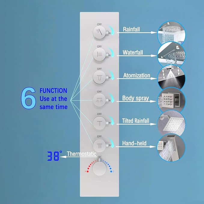 Enga Luxury Dual Shower Head System with Body Jets LED Thermostatic Shower System with 6 inch Wall Shower, 20-Inch 3 Function Shower Head (Rainfall & Mist & Waterfall), Brushed Nickel
