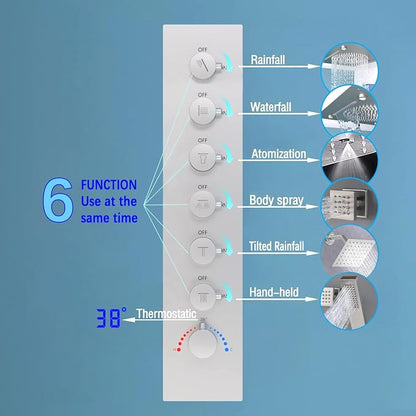 Enga Luxury Dual Shower Head System with Body Jets LED Thermostatic Shower System with 6 inch Wall Shower, 20-Inch 3 Function Shower Head (Rainfall & Mist & Waterfall), Brushed Nickel