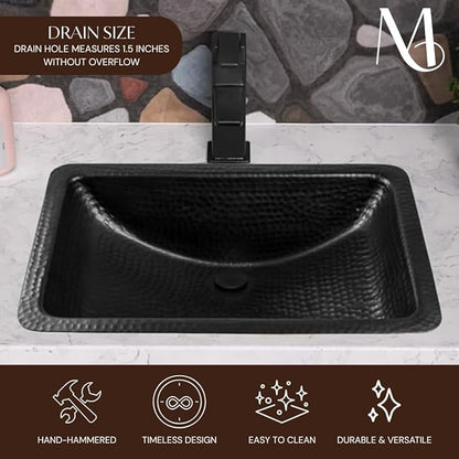 Monarch Abode Bathroom Sink – 21-Inch Venitian Dual Mount Undermount or Drop In Bathroom Sinks, Bathrooms Hand Hammered Matte Black Aluminum Vanity Sink for Countertop, Powder Room, Bath, or Restroom