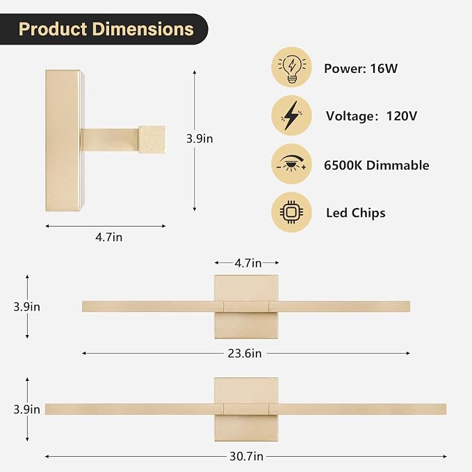 Gold Bathroom Vanity Light, 24 Inch LED Light Bar Over Mirror | Modern Bathroom Light Fixture Over Mirror for Vanity, 360° Rotatable Dimmable LED Wall Mounted Lighting, ETL Certified