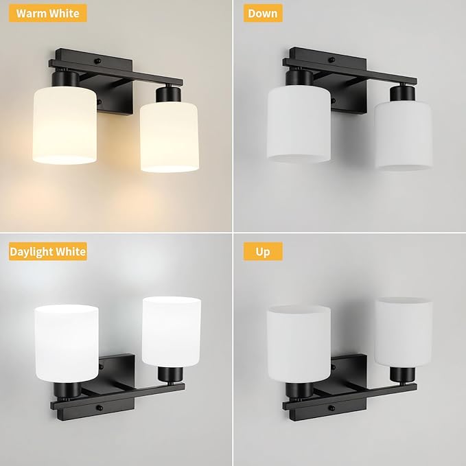 WILON Black Bathroom Light Fixtures Over Mirror, 2 Light Vanity Light with Milky White Glass Shades, Modern Bathroom Sconces, Wall Lamp for Living Room Bedroom Kitchen