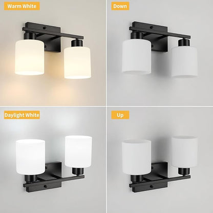 WILON Black Bathroom Light Fixtures Over Mirror, 2 Light Vanity Light with Milky White Glass Shades, Modern Bathroom Sconces, Wall Lamp for Living Room Bedroom Kitchen