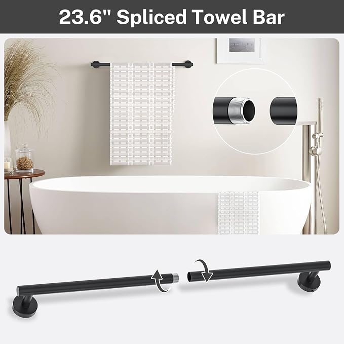 Matte Black Towel Bar Set 5 Pieces Bathroom Hardware Accessories Set Round Towel Holder Set for Bathroom Upgraded Toilet Paper Holder Stainless Steel Wall Mounted Towel Rack Set,23.6 Inch