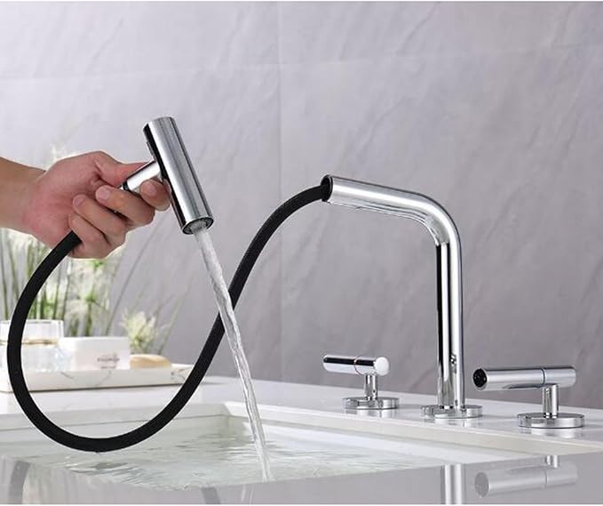 3 Hole Basin Faucets Pull Out Basin Mixer Faucet Bathroom Mixer Faucet Double Handle 2 Mode Brass-Chrome Plated