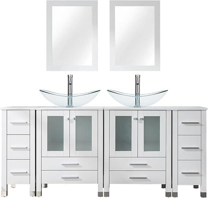 LUCKWIND 72" Double 24-in Bathroom Vanity with Sink Combo, Elegant Series with Two 12.6-in Side Cabinets, Painted Frame, Including Clear Boat Sinks, Faucets Without Mirrors, White