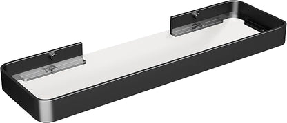 16-Inch Wall Shelf, Clear Tempered Glass with Matte Black Aluminum Frame – Sleek Floating Bathroom Organizer