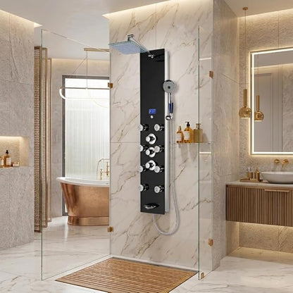 Blue Ocean 52” Aluminum SPA331B Tempered Glass Thermostatic Shower Panel Tower Column with Rainfall Shower Head, 8 Multi-Functional Nozzles, and Tub Spout (Premium Matte Black)