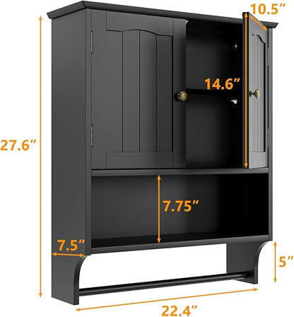 Black Bathroom Cabinet with Towel Rack, Bathroom Wall Cabinet with 2 Doors and Adjustable Shelf, Medicine Cabinet Wall Mount, Over The Toilet Storage