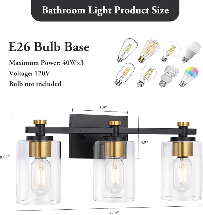 3-Light Black Gold Bathroom Vanity Light with Clear Glass Shades | Modern Bathroom Light Fixture, E26 Socket, Over Mirror Lighting for Bath Vanity Decor, High Quality Metal