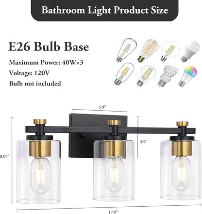 3-Light Black Gold Bathroom Vanity Light with Clear Glass Shades | Modern Bathroom Light Fixture, E26 Socket, Over Mirror Lighting for Bath Vanity Decor, High Quality Metal