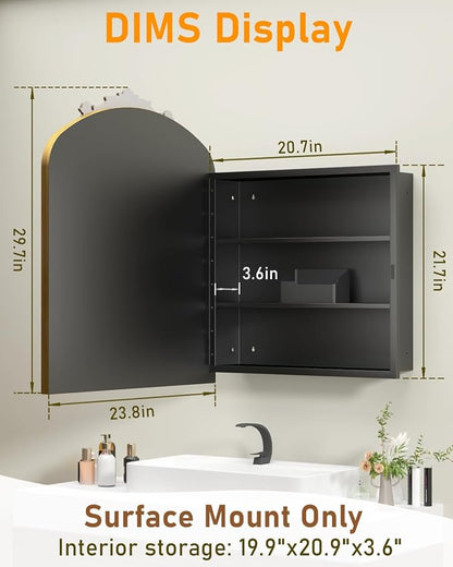 24x30 Inch Bathroom Medicine Cabinet Surface Mounted, Medicine Cabinet with Arched Mirror, Hand-Painted Bronze Aluminum Frame, Baroque Flower Decor, Black Metal Cabinet, 2 Stable & Removable Shelves