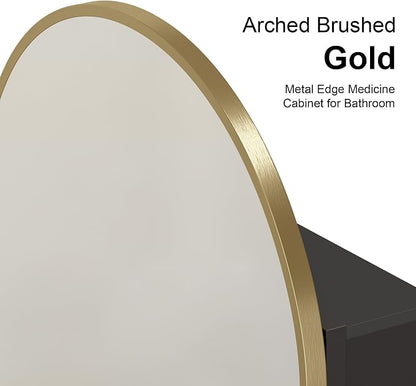 Recessed Medicine Cabinet Mirror,Brushed Gold Arched Bathroom Medicine Cabinet with Mirror,Metal Edge Mirrored Medicine Cabinets for Bathroom,in Wall Mirrored Cabinets with Storage 16x31