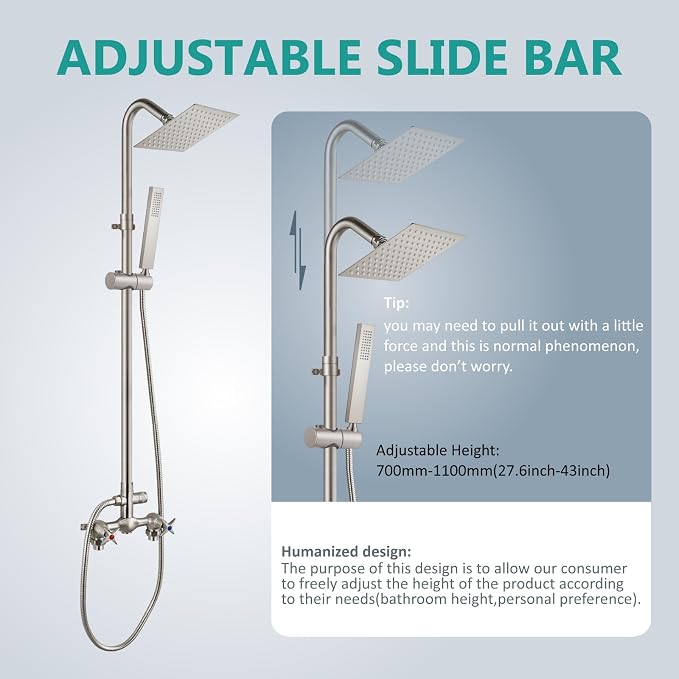 Aolemi Outdoor Shower Kit with Handheld,Square Rain Shower,Brushed Nickel | 2-Handle Hot and Cold Control, Adjustable Height, 6-Inch Center Valve, 59-Inch Hose, Winter Drainage Outdoor Shower Fixtures