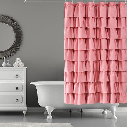 Pink Ruffle Shower Curtain for Bathroom, 72x72 inch, Ruffled Layered Fabric | Cascading Ruffle Tiers, Standard 72 X 72 Size, 7ft, Soft Microfiber Fabric, 12 Hooks Included, Machine Washable, Farmhouse