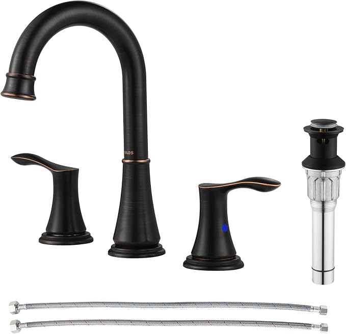 Oil Rubbed Bronze Widespread Bathroom Sink Faucet 8 Inch for Vanity | with All Metal Pop Up Drain, High Arc 2 Handle Lead-Free Deck Mount Bathroom Faucet for 3 Hole Lavatory Utility Sink