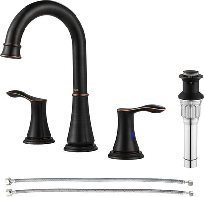 Oil Rubbed Bronze Widespread Bathroom Sink Faucet 8 Inch for Vanity | with All Metal Pop Up Drain, High Arc 2 Handle Lead-Free Deck Mount Bathroom Faucet for 3 Hole Lavatory Utility Sink