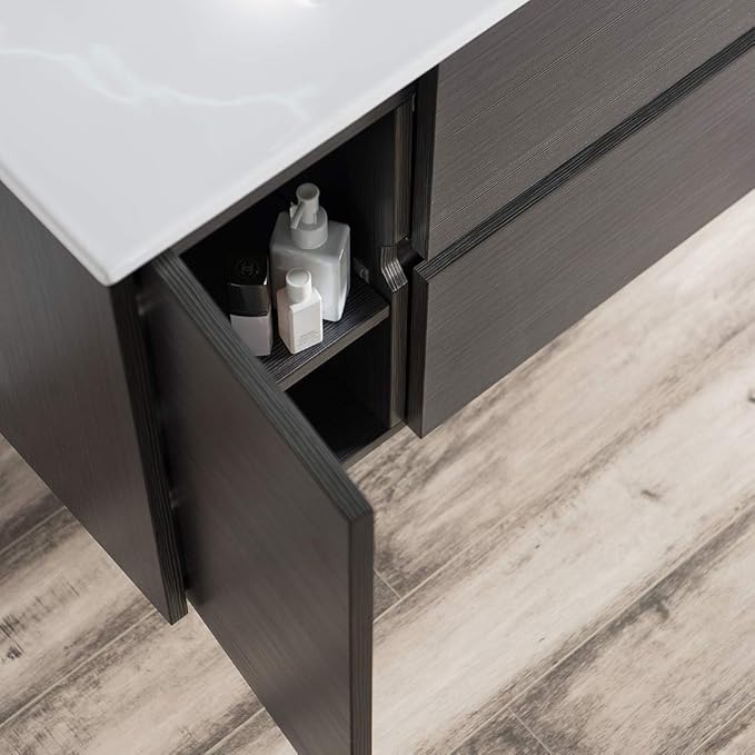 Blossom 36 Inch Bathroom Vanity with Sink - All Wood Floating Vanity Cabinet with Ceramic Sink - 2 Soft-Closing U-Shaped Cutout Drawers - Modern Bathroom Storage Vanities, Silver Grey Finish