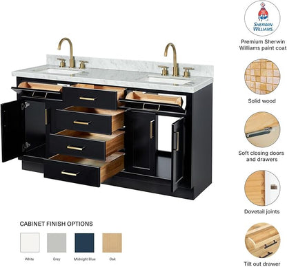 Isabella 66-Inch Black Double Bathroom Vanity with Sink, Carrara White Marble Countertop 1.5" Edge, Rectangle Undermount Sinks, 4 Soft-Close Doors, 6 Dovetail Drawers, Plinth Base