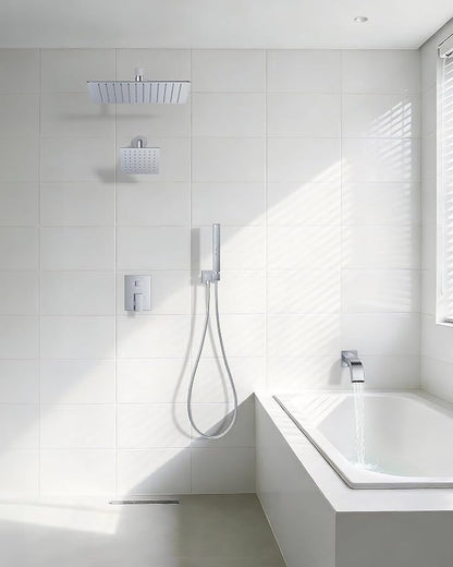 Rain Shower System with Rough-in Valve, Wall Mount Shower Faucet Set with 12" & 6" Dual Rain Shower Heads, 2-in-1 Handheld Shower, Tub Spout, 4-Function Complete Shower Fixture, Chrome