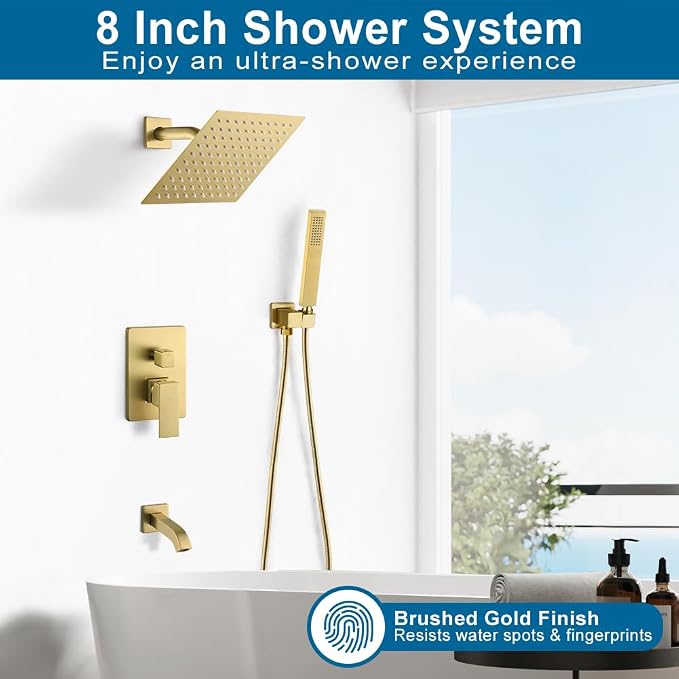 Brushed Gold Shower System Bathroom Shower Faucet Set with Tub Spout Wall Mounted 8 Inch Shower Head and Handle Set with Handheld 3 Function Tub and Shower Trim Kit with Valve
