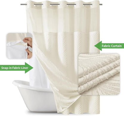 eachope no Hook Shower Curtain and Liner Set，Boho Style with See Through Top Window, Cream Fabric Tufted Striped Textured Outer Curtain & Waterproof Inner Liner, Beige/Cream, 71Wx98H