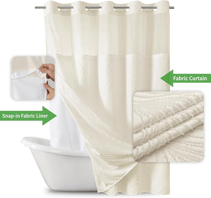 eachope Cream No Hook Tufted Shower Curtain with snap-in Liner for Bathroom, Boho Farmhouse Style with See Through Top Window, no Hook Shower Curtain and Liner Set, Beige/Cream, 71Wx74H