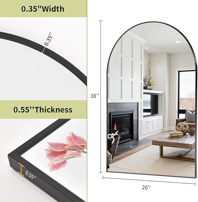 BEAUTYPEAK 26"x38" Arch Bathroom Wall Mirror, Black | Wall Mounted Vanity Metal Frame Mirror for Bedroom, Entryway, Living Room, Fireplace