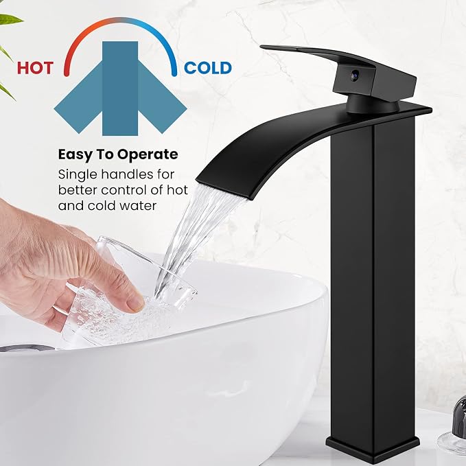 gotonovo Modern Waterfall Tall Bathroom Faucet 1 Hole, Matte Black | Vessel Sink Faucet Single Handle 304 Stainless Steel,Pop Up Drain,24" cUPC Supply Line,for Lavatory Vanity Restroom Basin RV