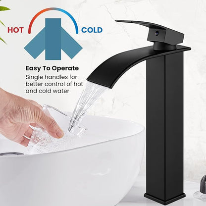 gotonovo Modern Waterfall Tall Bathroom Faucet 1 Hole, Matte Black | Vessel Sink Faucet Single Handle 304 Stainless Steel,Pop Up Drain,24" cUPC Supply Line,for Lavatory Vanity Restroom Basin RV