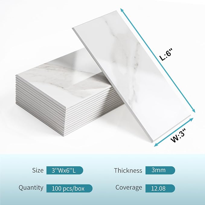 Vamos Tile 100-Piece Peel and Stick Backsplash Seamless Tile,3''x6'' Glossy Statury White Marble with White Grout PVC Subway Tile,Stick on Backsplash for Kitchen/Bathroom/Laundry Room
