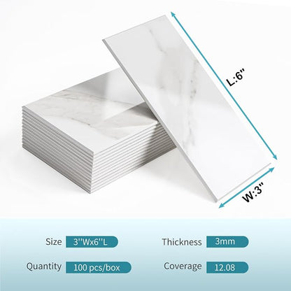 Vamos Tile 100-Piece Peel and Stick Backsplash Seamless Tile,3''x6'' Glossy Statury White Marble with White Grout PVC Subway Tile,Stick on Backsplash for Kitchen/Bathroom/Laundry Room