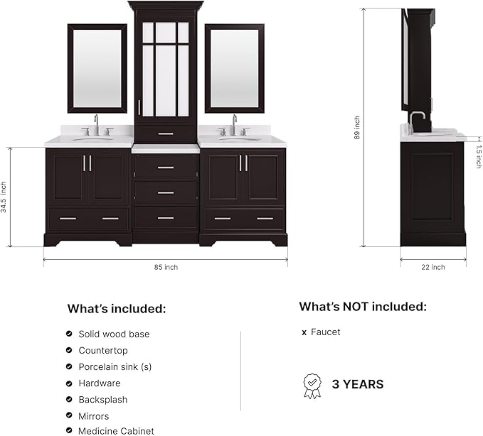 ARIEL Stafford 84-inch Bathroom Vanity with Sink,Solid Wood, 1.5-inch Carrara White Quartz Countertop & Backsplash, Double Oval Porcelain Sink, 5 Soft Closing Doors, 6 Dovetail Drawers, Espresso