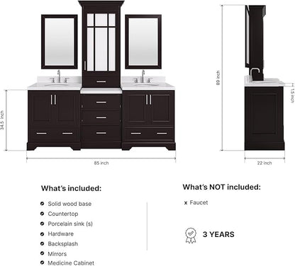 ARIEL Stafford 84-inch Bathroom Vanity with Sink,Solid Wood, 1.5-inch Carrara White Quartz Countertop & Backsplash, Double Oval Porcelain Sink, 5 Soft Closing Doors, 6 Dovetail Drawers, Espresso