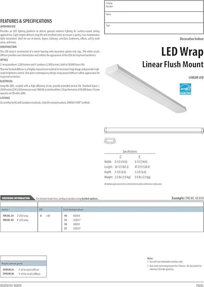 Lithonia Lighting 4 Foot LED Light Fixture, Low-Profile LED Wraparound Flush Mount Ceiling Light, 3000K Warm White, 120V, 48-Inch (FMLWL 48 830)