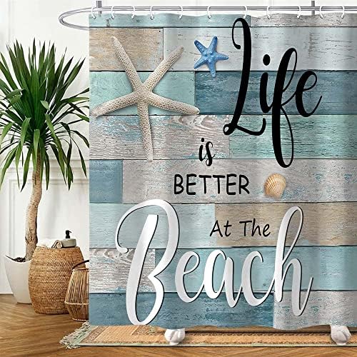 Beach Shower Curtain, Rustic Vintage Wood Ocean Quote Words Summer Fabric Decor Bath Curtain, Nautical Coastal Starfish Theme Bathroom Curtain Accessories with Hooks 72X72in
