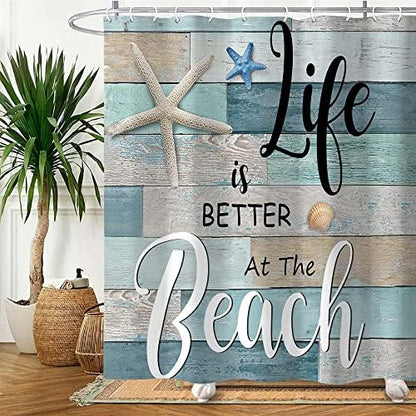 Beach Shower Curtain, Rustic Vintage Wood Ocean Quote Words Summer Fabric Decor Bath Curtain, Nautical Coastal Starfish Theme Bathroom Curtain Accessories with Hooks 72X72in