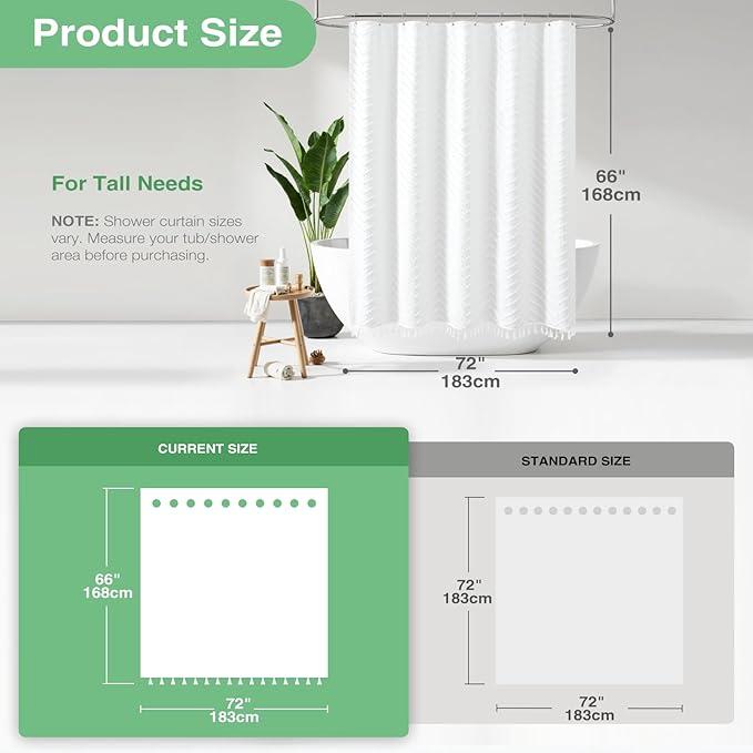 Dynamene Boho Farmhouse Shower Curtain, White Fabric Tufted Chevron Striped Textured Tassel Shower Curtains for Bathroom, Water Repellent, Minimalist Ruffled Cloth Shower Curtain Set with Hook, 72x66