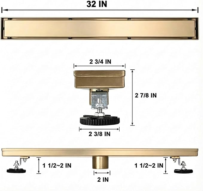 Linear Shower Floor Drain, Brushed Gold 32 Inch 304 Stainless Steel Bathroom Drains Kit, Rectangular Shower Trench Drain with Reversable Tile-in Pattern Drain Cover & Hair Catcher