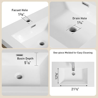 Abruzzo 36" Glossy White Wall-Mounted Bathroom Vanity with Sink – Stone Resin Countertop & Soft-Close Drawers, Waterproof Wood Cabinet for Small Bathrooms