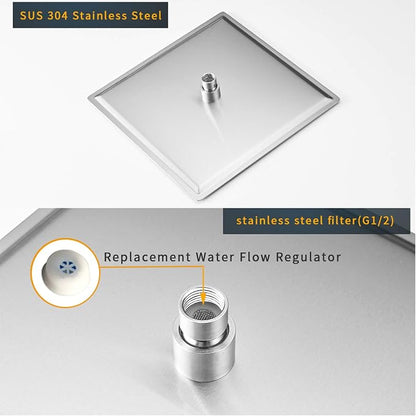 16" Rain Shower Head High Pressure Rainfall Shower Head Brushed Nickel | Square Rain Bathroom Showerhead, High Flow, Large Stainless Steel, Ceiling Mounted, Wall Mounted, Waterfall Full Body