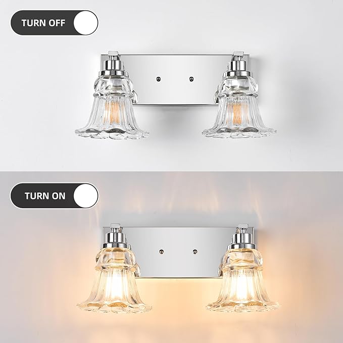 Vintage 2-Light Bathroom Vanity Light, Chrome Bathroom Light Fixtures with Floral Clear Glass Shades, Antique Wall Sconce Fixtures for Dressing Table, Bedroom