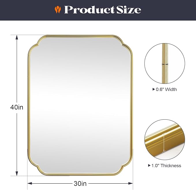 Gold Bathroom Mirror, 30” x 40” Scalloped Rounded Corner Rectangle Wall Mirrors with Metal Frame, Modern Vanity Mirror for Over Sink, Bedroom, Entryway, Horizontal or Vertical