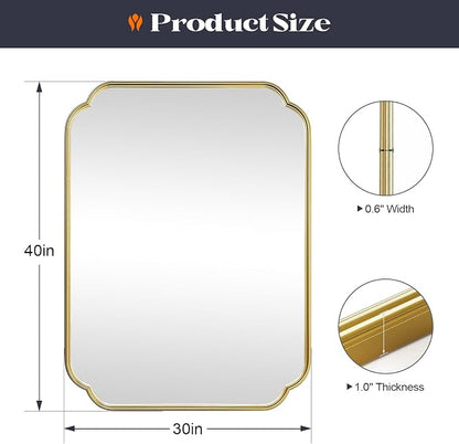 Gold Bathroom Mirror, 30” x 40” Scalloped Rounded Corner Rectangle Wall Mirrors with Metal Frame, Modern Vanity Mirror for Over Sink, Bedroom, Entryway, Horizontal or Vertical