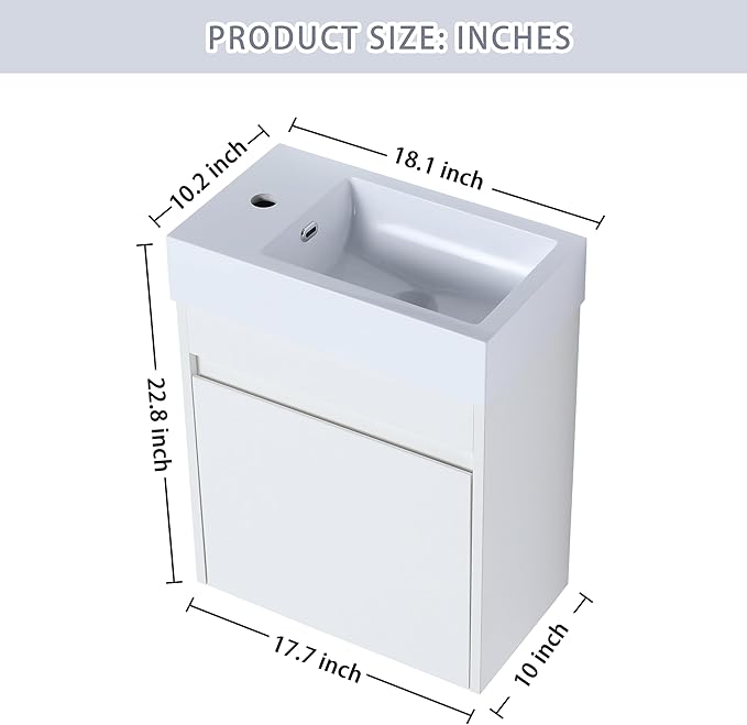 18 Inch Small Bathroom Vanity with Sink, 18" Floating Bathroom Vanity for Small Space, Wall Mounted Cabinet Set with Resin Basin Sink, Soft Close Door (WSG, 005-18" W X 10" D)