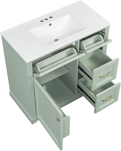 36" Bathroom Vanity with Ceramic Sink,Modern Freestanding Storage Cabinet w/Soft-Close Door and 2 Tip-Out & 2 Drawers,Undermount Single Basin Bath Vanity Set w/Adjustable Shelf,Green
