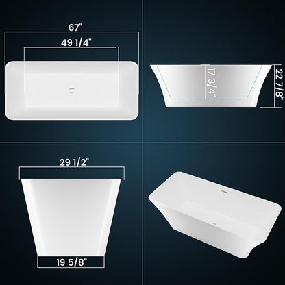 Freestanding Bathtub 67 inch, Acrylic Stand Alone Tub with Chrome Drain and Overflow, Extra Large Freestanding Bathtub, Modern Free Standing Tub for Bathroom